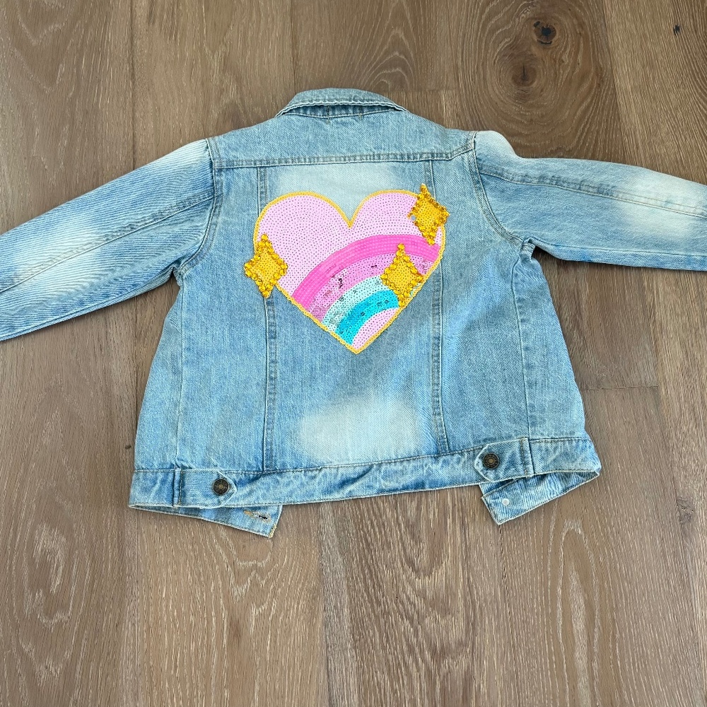 LOLA + THE BOYS  Sparkle Rainbow Heart Denim Jacket